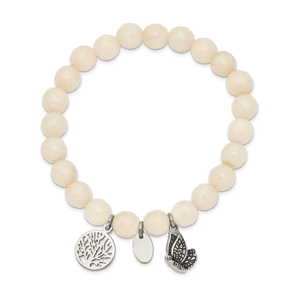 Stainless Steel Antiqued and Polished Butterfly and Tree of Life 8mm White Jade Beaded Stretch Bracelet for Women