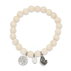 Stainless Steel Antiqued and Polished Butterfly and Tree of Life 8mm White Jade Beaded Stretch Bracelet for Women