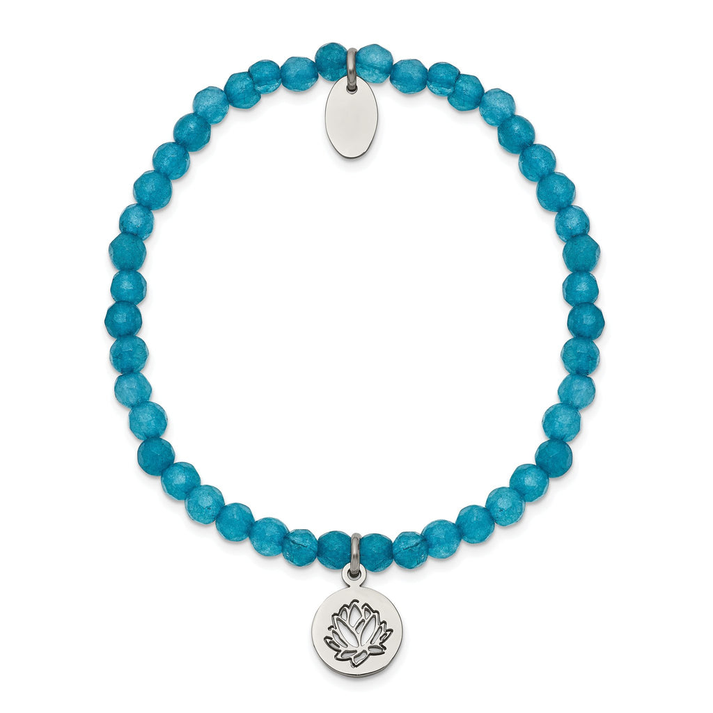 Stainless Steel Polished Lotus 4mm Blue Jade Beaded Stretch Bracelet for Women
