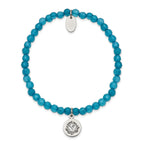 Stainless Steel Polished Lotus 4mm Blue Jade Beaded Stretch Bracelet for Women