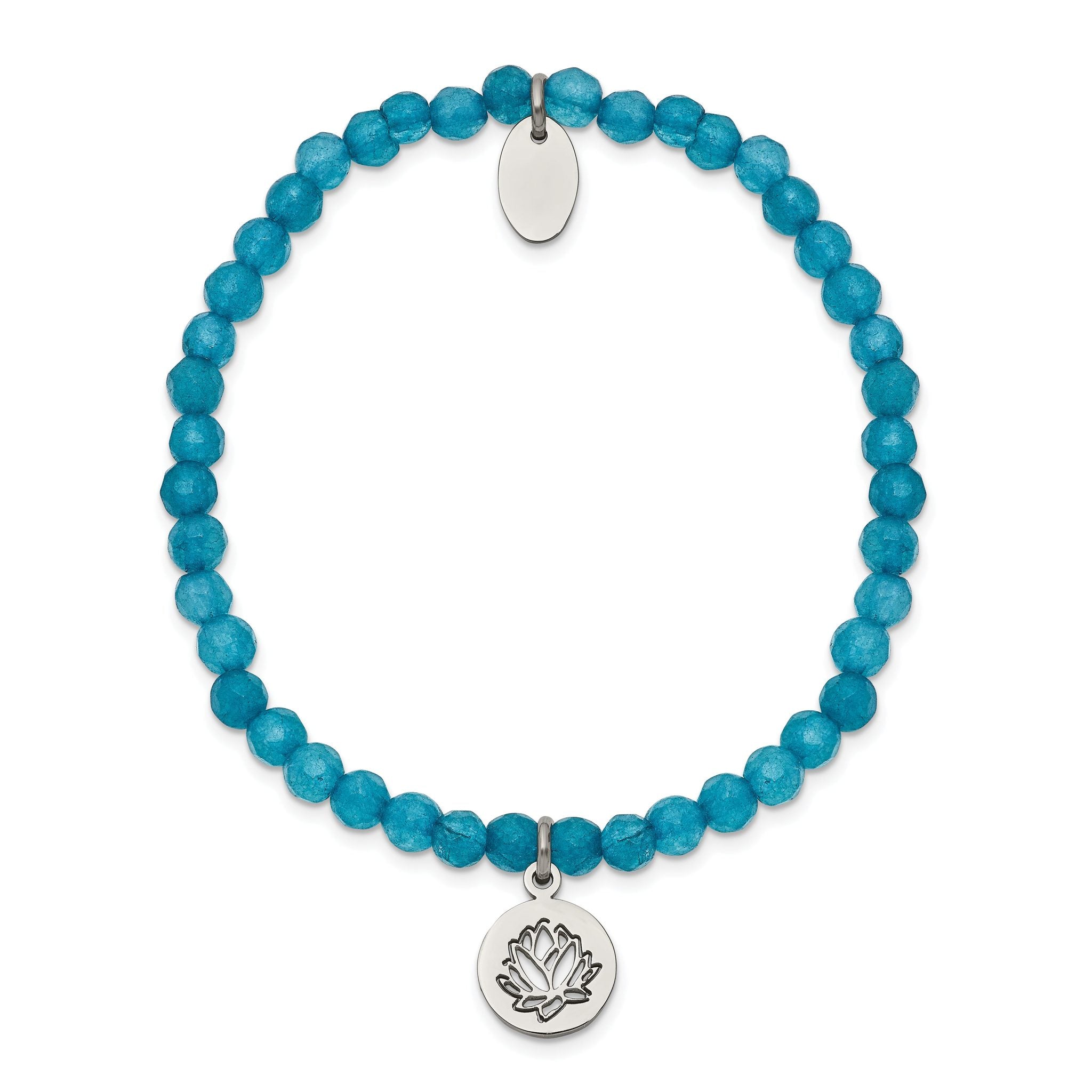 Stainless Steel Polished Lotus 4mm Blue Jade Beaded Stretch Bracelet for Women