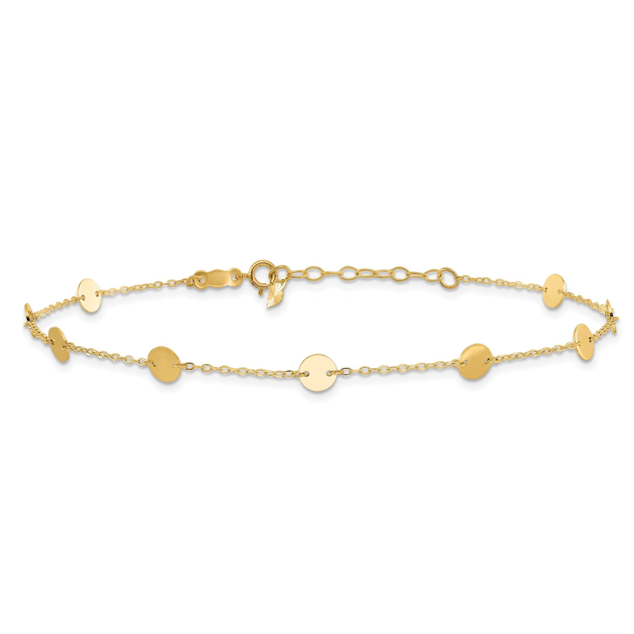 14K Polished Disc 9-Station 9 inch Plus 1 inch Extender - Total 10 inch Anklet