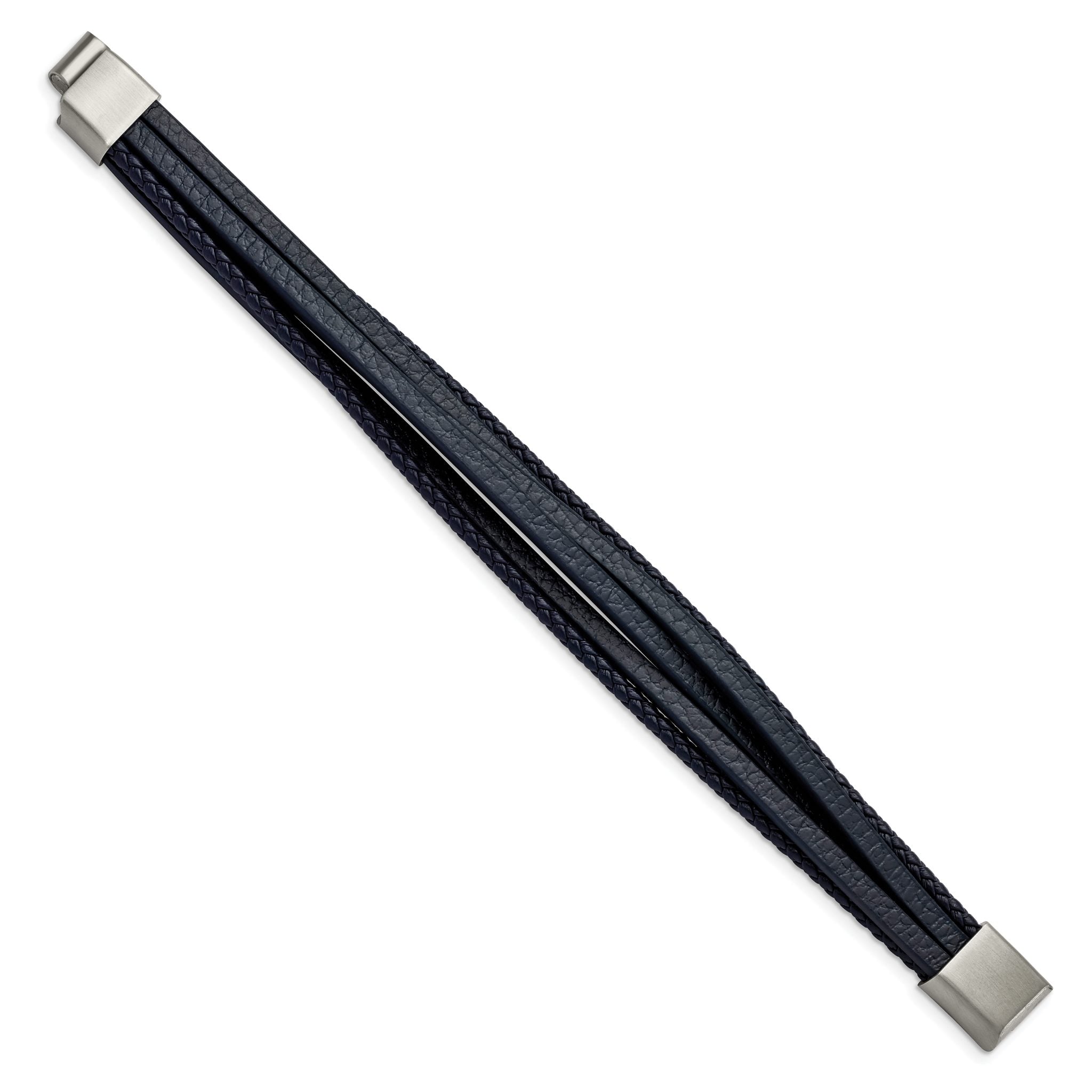 Stainless Steel Brushed Multi Strand Navy Blue Leather Bracelet