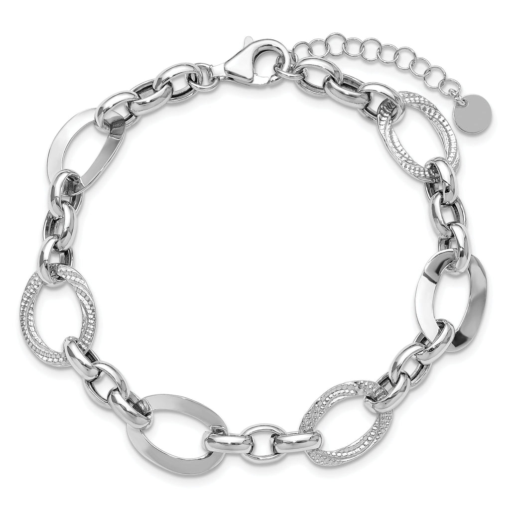 SS RH-plat Polish/Textured Fancy Link w/1.25in ext. Bracelet