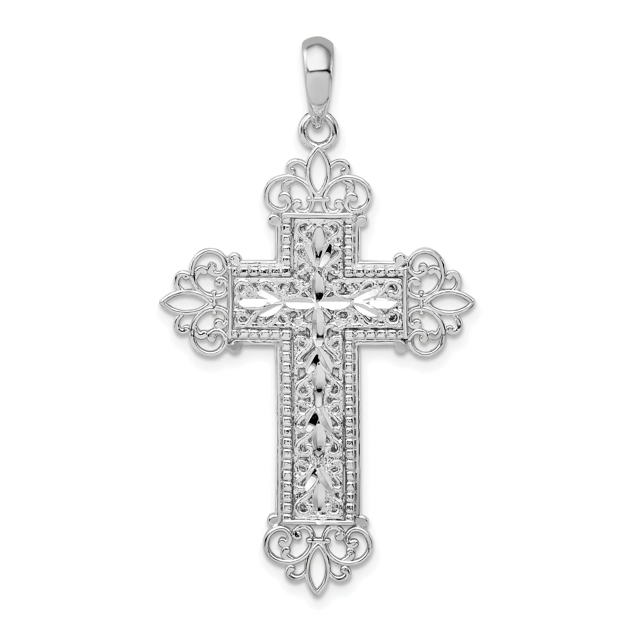 De-Ani Sterling Silver Rhodium-Plated Diamond-Cut Filigree Fleur de Lis Cross Pendant Main image