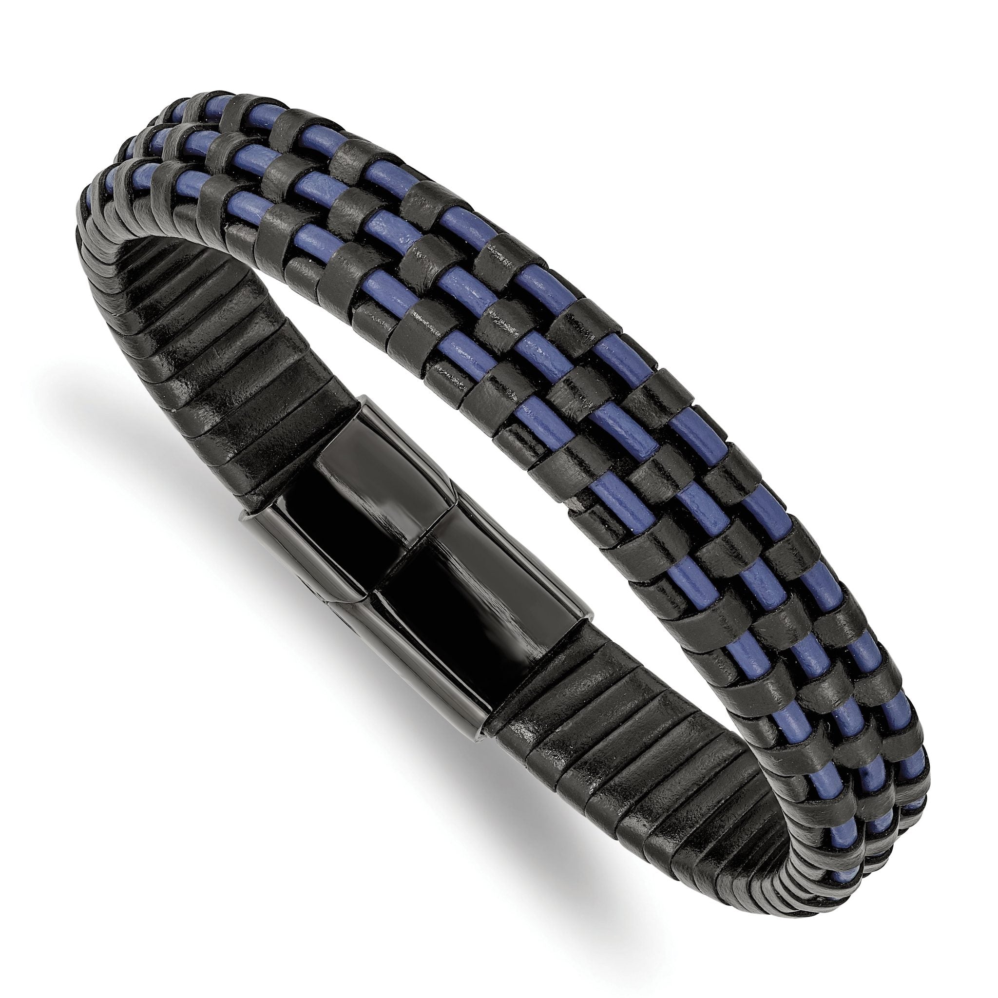 Stainless Steel Polished Black IP-plated and Black and Blue Leather Bracelet for Men