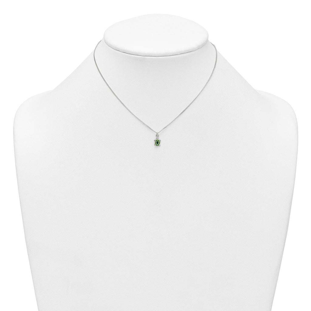 Sterling Silver Polished Green Enameled Turtle Childrens 14 inch Necklace and Post Earrings Set