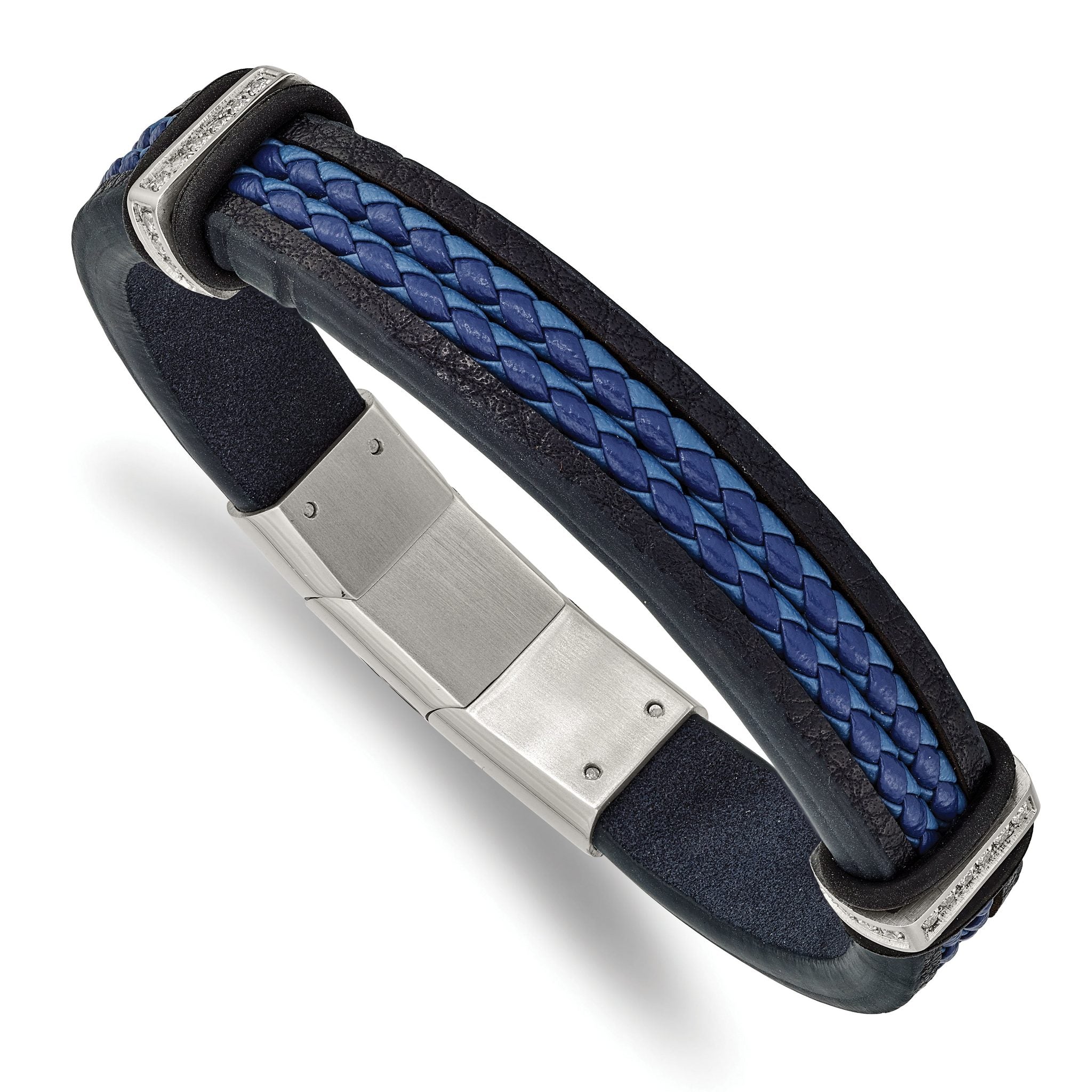 Stainless Steel Polished with Cubic Zirconia Black and Blue Braided Leather Bracelet with . Extension for Men Main image