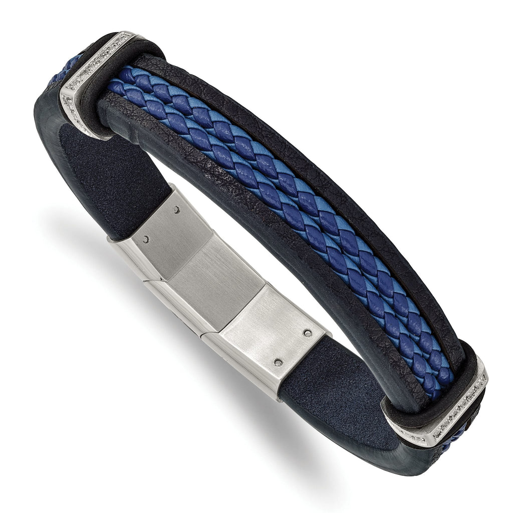 Stainless Steel Polished with Cubic Zirconia Black and Blue Braided Leather Bracelet with . Extension for Men