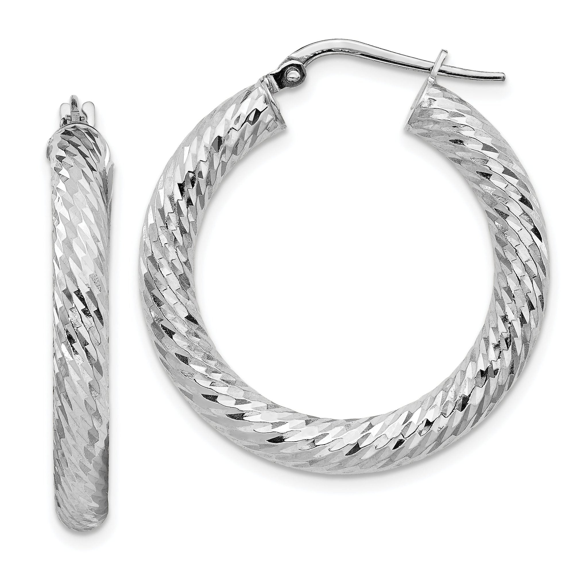 14k 4x20mm White Gold Diamond-cut Round Hoop Earrings Main image