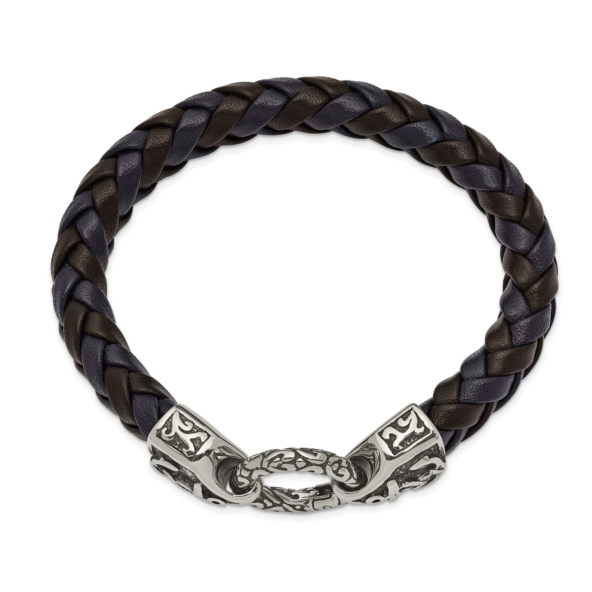 Stainless Steel Antiqued and Polished Black and Blue Braided Leather Bracelet for Men Secondary image