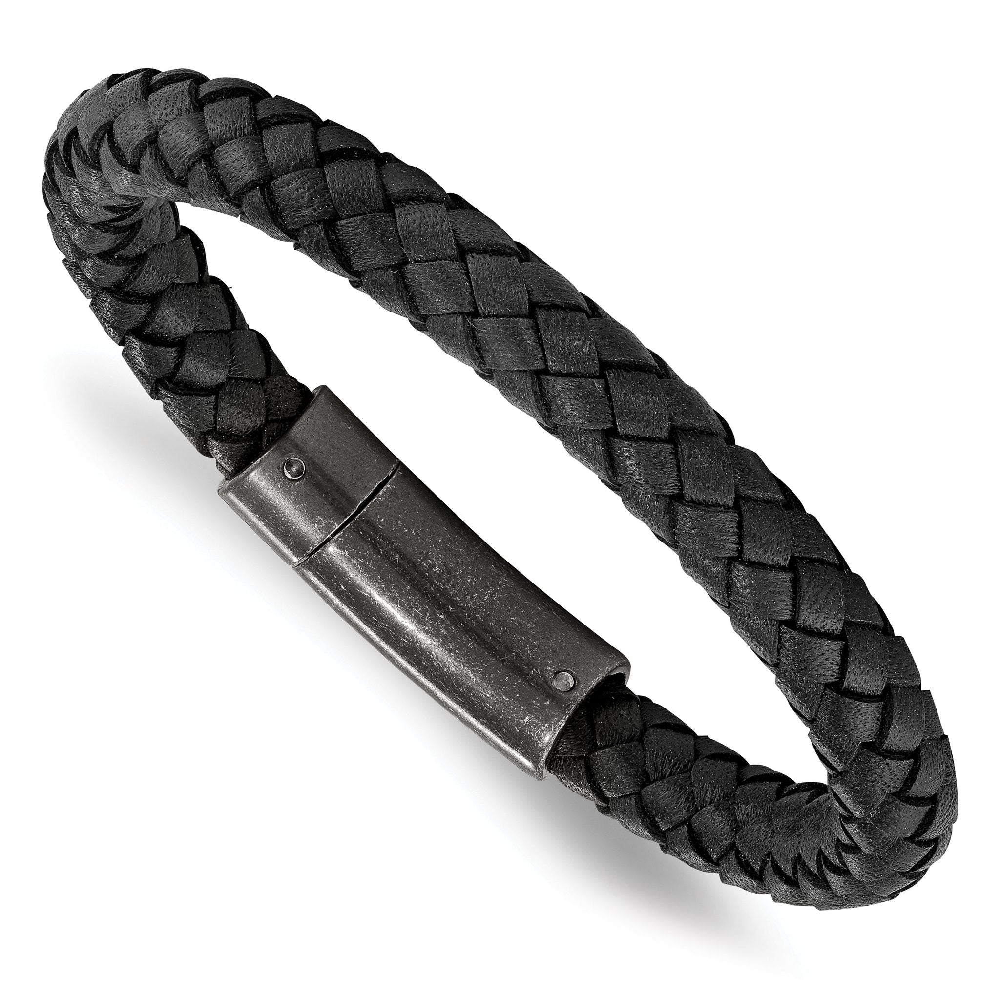 Stainless Steel Brushed Black Braided Leather Bracelet for Men