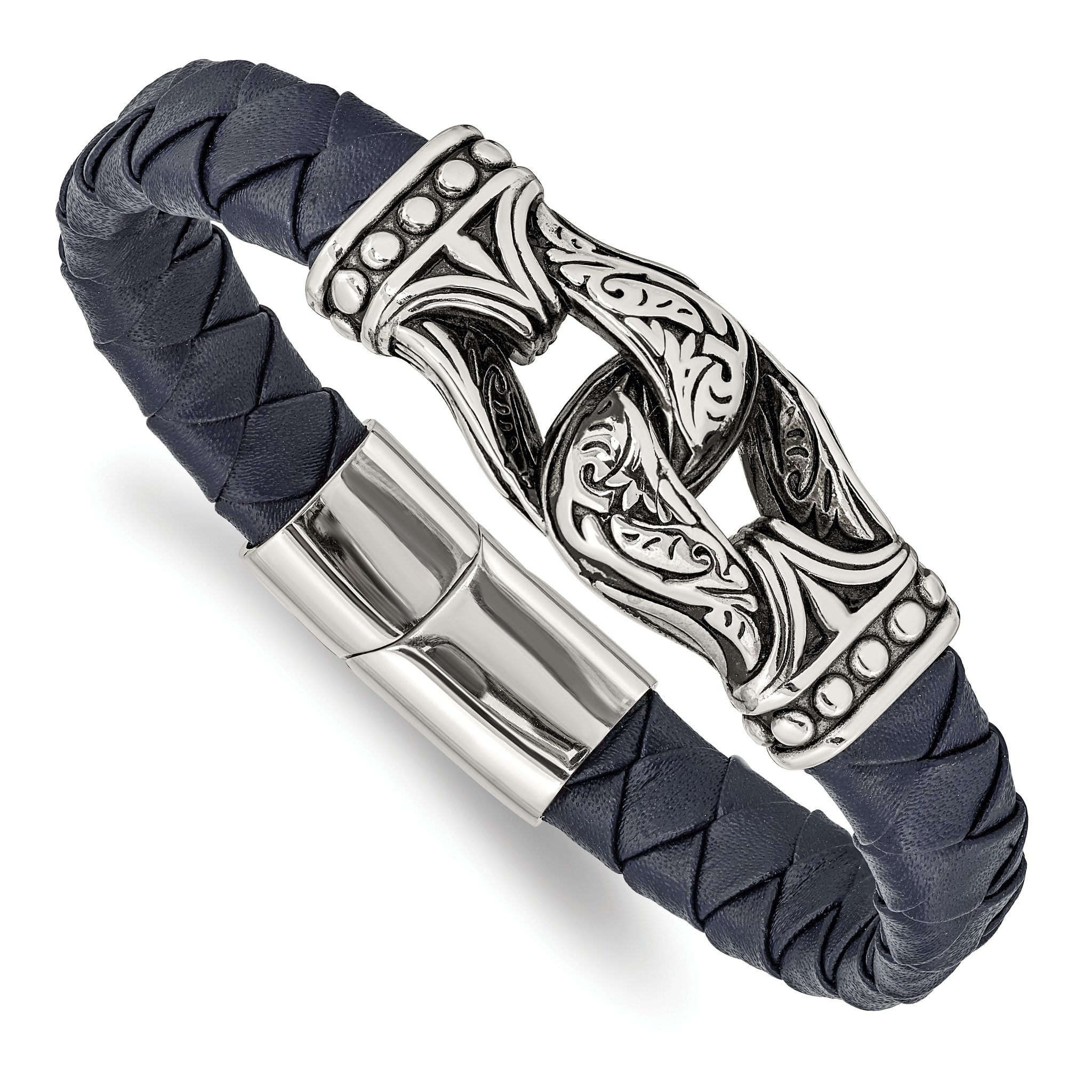 Stainless Steel Antiqued and Polished Blue Woven Leather Bracelet for Men Main image
