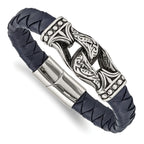 Stainless Steel Antiqued and Polished Blue Woven Leather Bracelet for Men