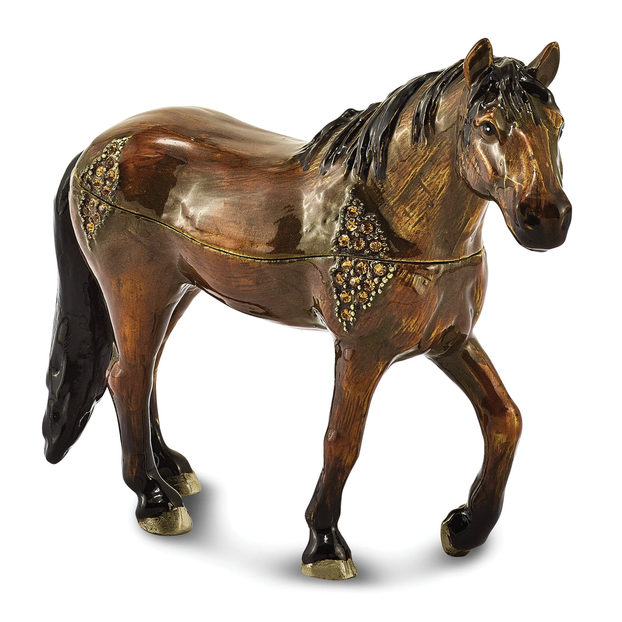 Luxury Giftware by Jere Pewter Bejeweled Crystals Gold-tone Enameled SPENCER Dark Bay Horse Trinket Box with Matching 18 Inch Necklace Main image