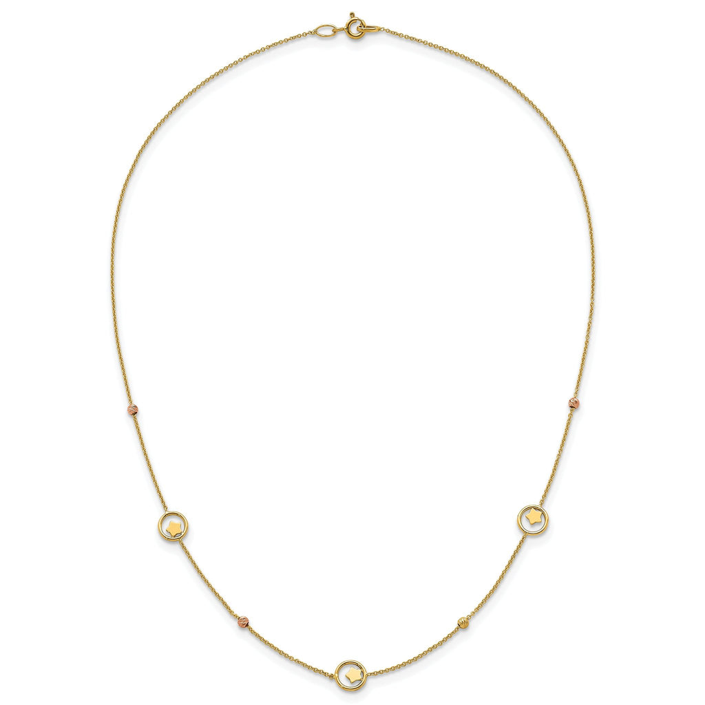 14k Polished Stars in Circle with Diamond-cut Beads 7-Station 16.75 inch Necklace