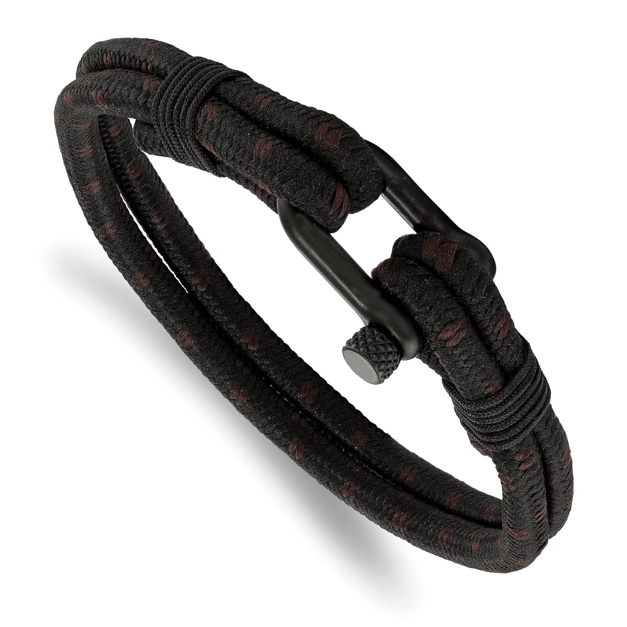 Stainless Steel Polished Black IP-plated Black Woven Nylon and Cotton Bracelet for Men