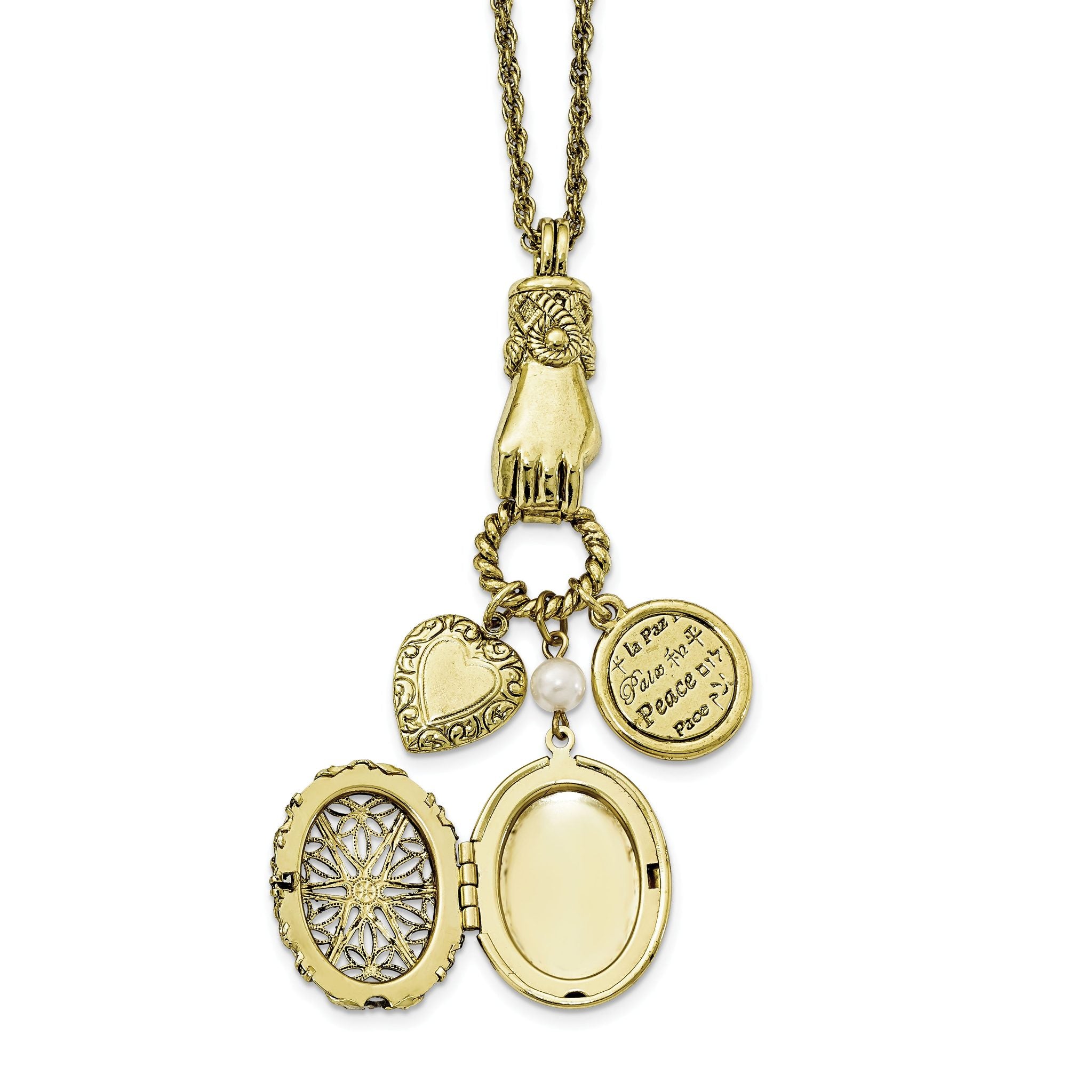1928 Jewelry Brass-tone Hand Holding Oval 28mm Locket  and Polished Heart and Peace Charm 30 inch Necklace Holds 2 Photos Secondary image