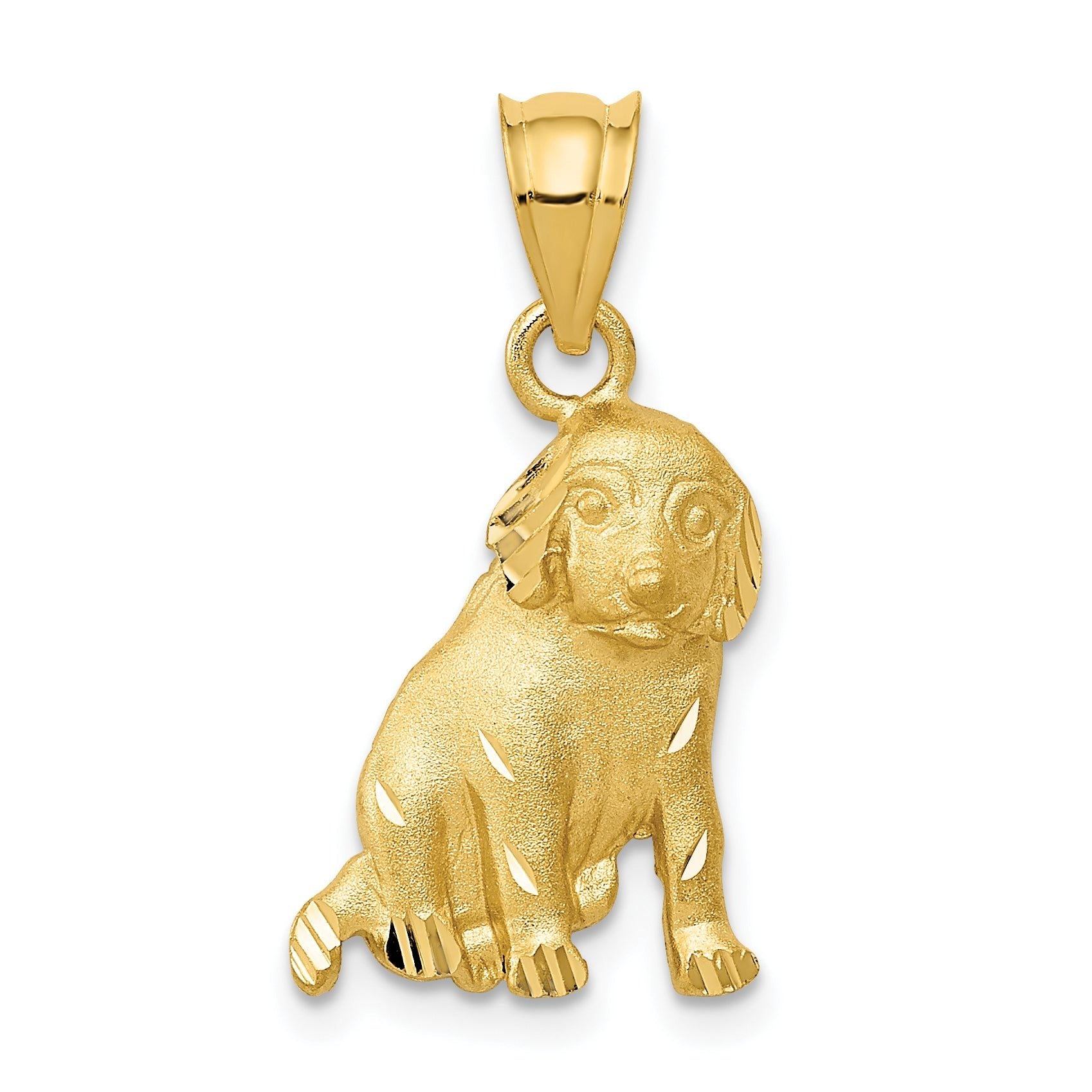 14K Gold Dog Charm with Brushed Finish and Diamond-Cut Details
