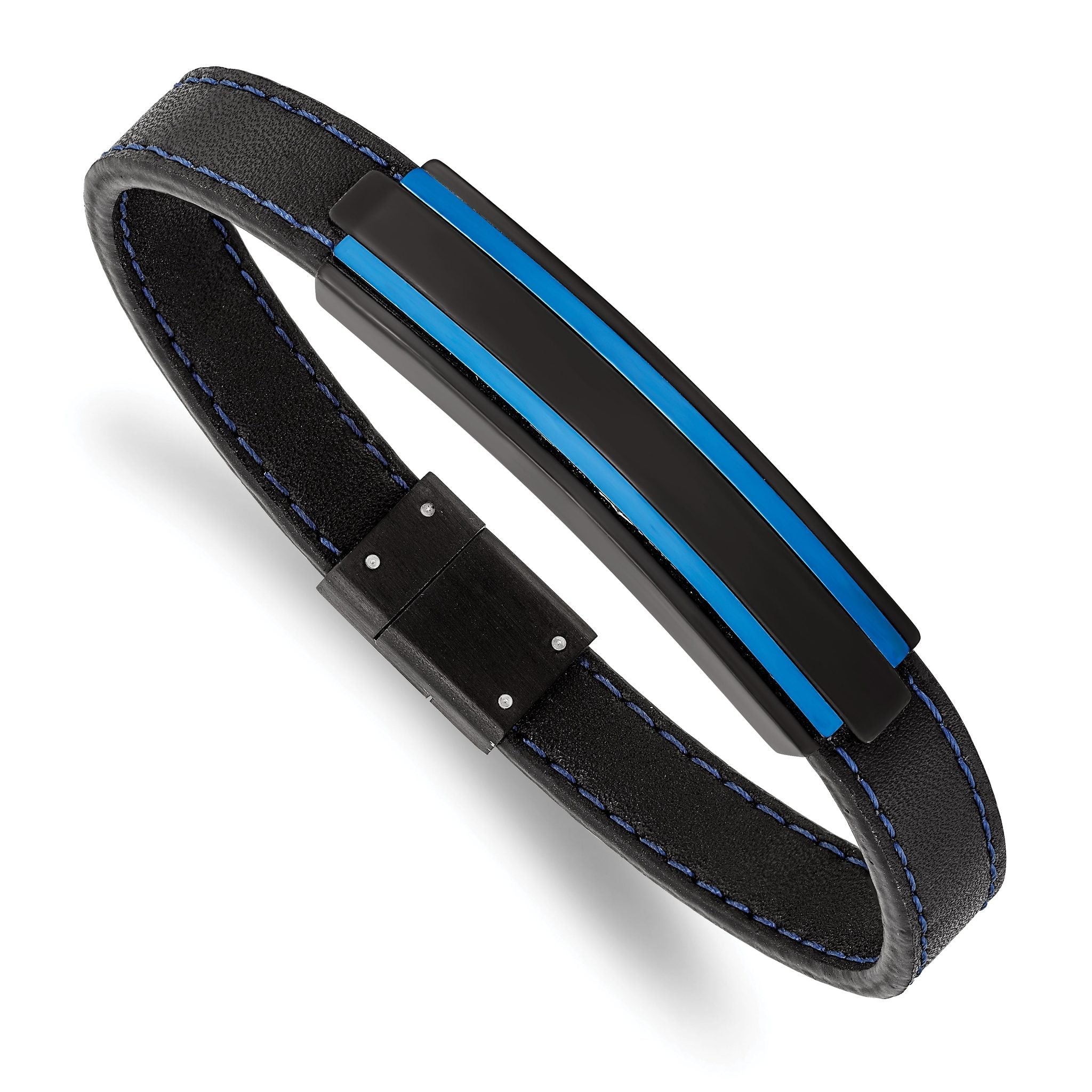 Stainless Steel Brushed and Polished Black and Blue IP-plated Black Rubber Bracelet for Men