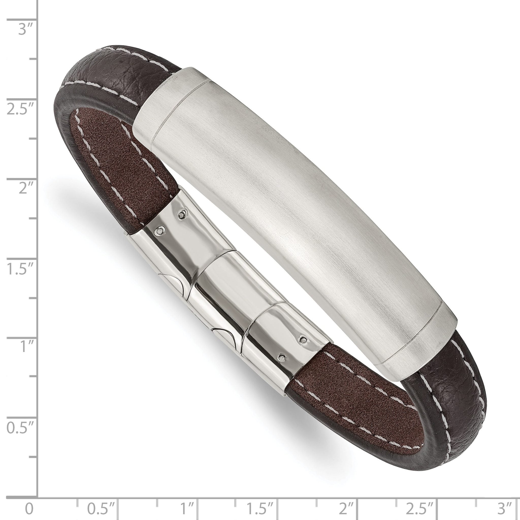 Stainless Steel Brushed Dark Brown Leather ID Bracelet with . Extension for Men