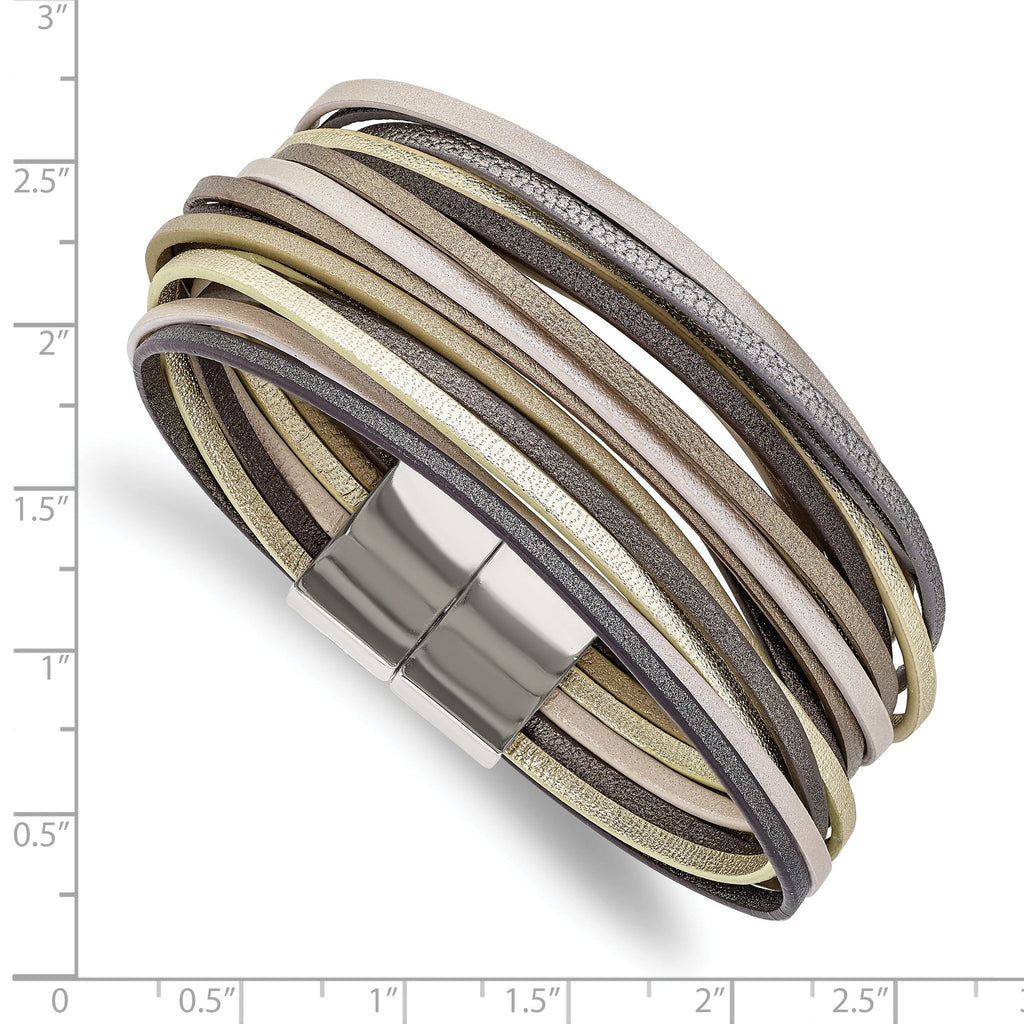 Stainless Steel Polished Multi-Strand Metallic Faux Leather Bracelet for Women