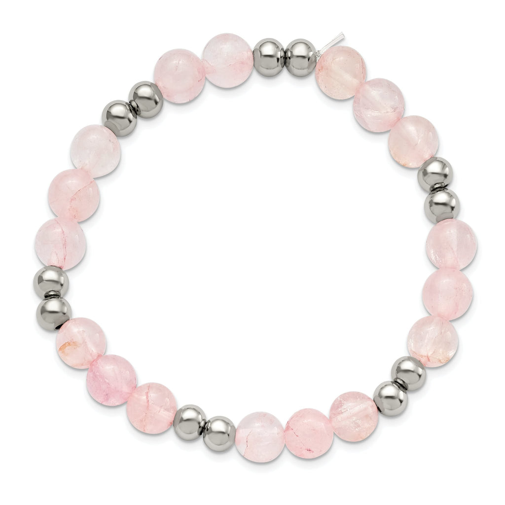 Stainless Steel Polished 6-8mm Pink Quartz Beaded Stretch Bracelet for Women