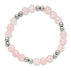 Stainless Steel Polished 6-8mm Pink Quartz Beaded Stretch Bracelet for Women