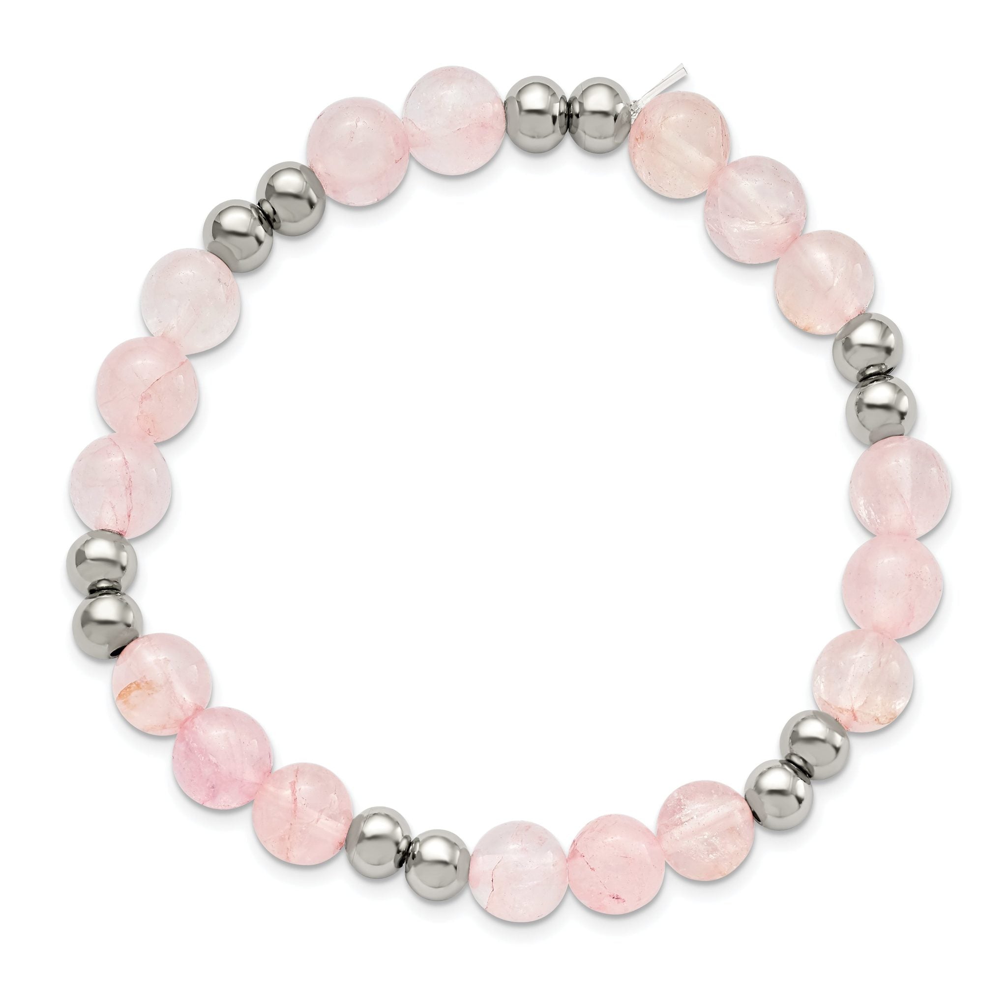 Stainless Steel Polished 6-8mm Pink Quartz Beaded Stretch Bracelet for Women