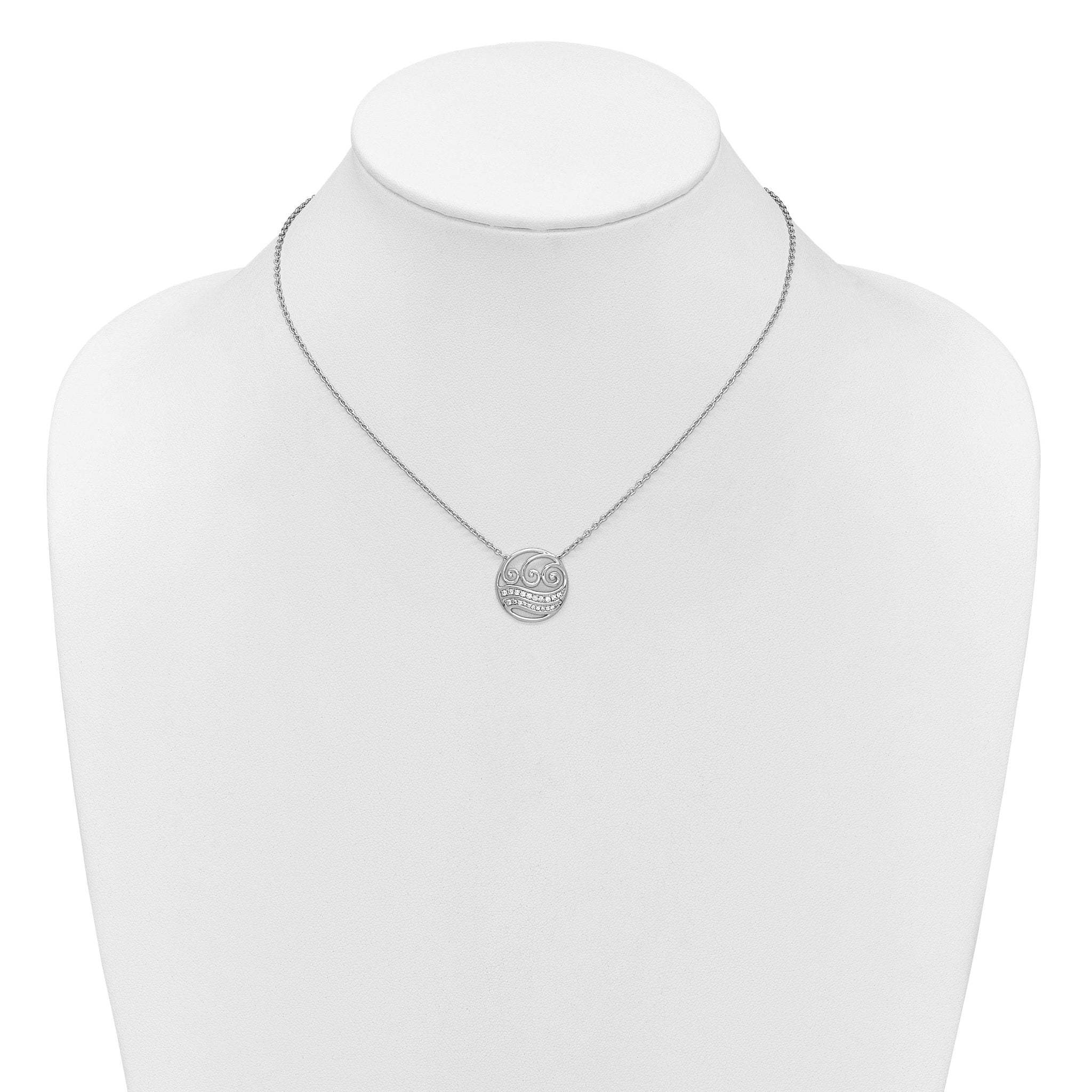 14K White Gold Polished 1/6 carat Diamond Circle with Waves 18 inch Necklace
