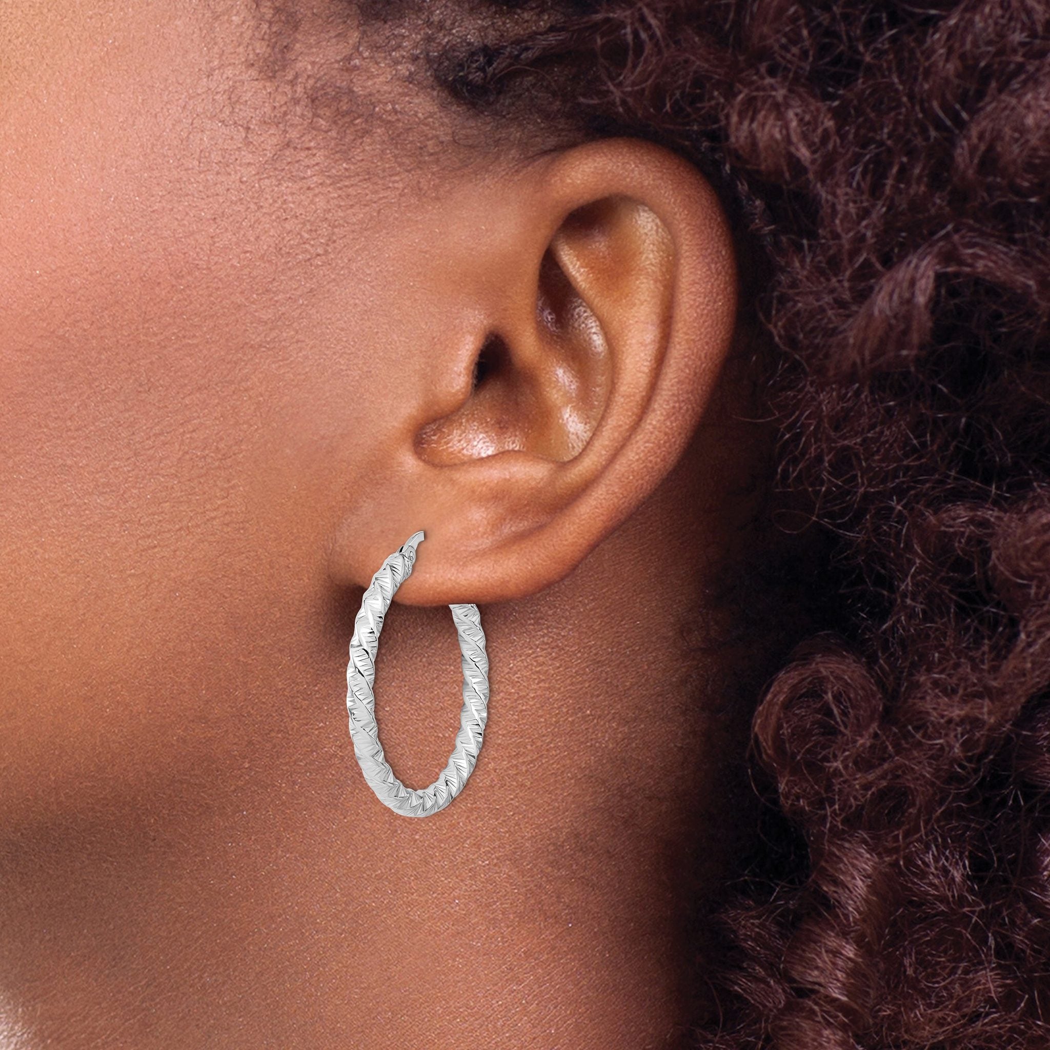 14k White Gold Polished 3mm Twisted Hoop Earrings