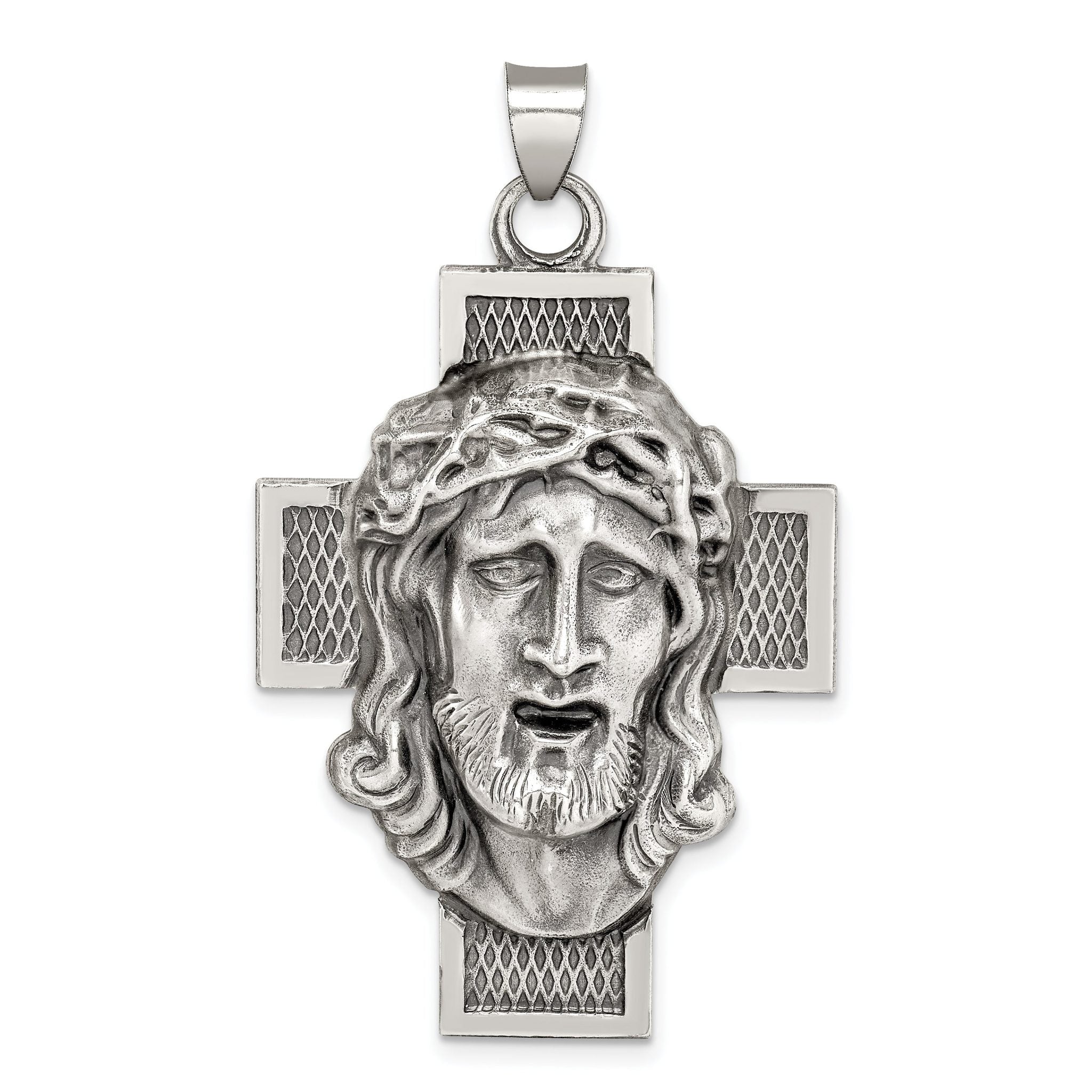 Sterling Silver Hollow Satin Antiqued Jesus Cross Medal Main image