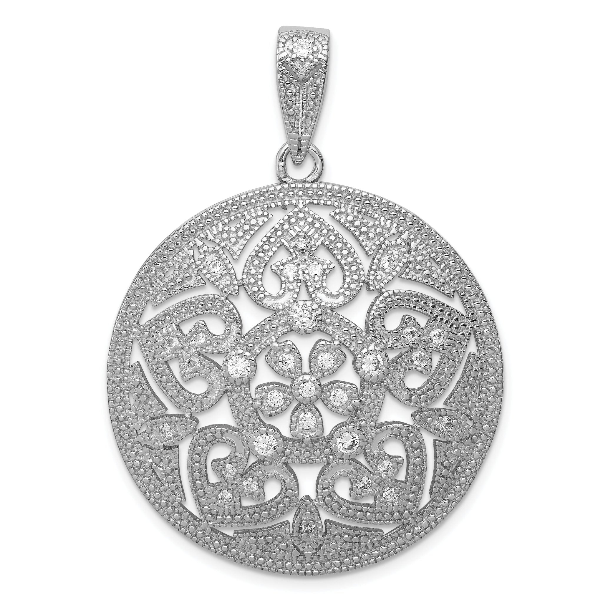 Sterling Silver Rhodium-plated Pave CZ Floral Design Circle Pendant