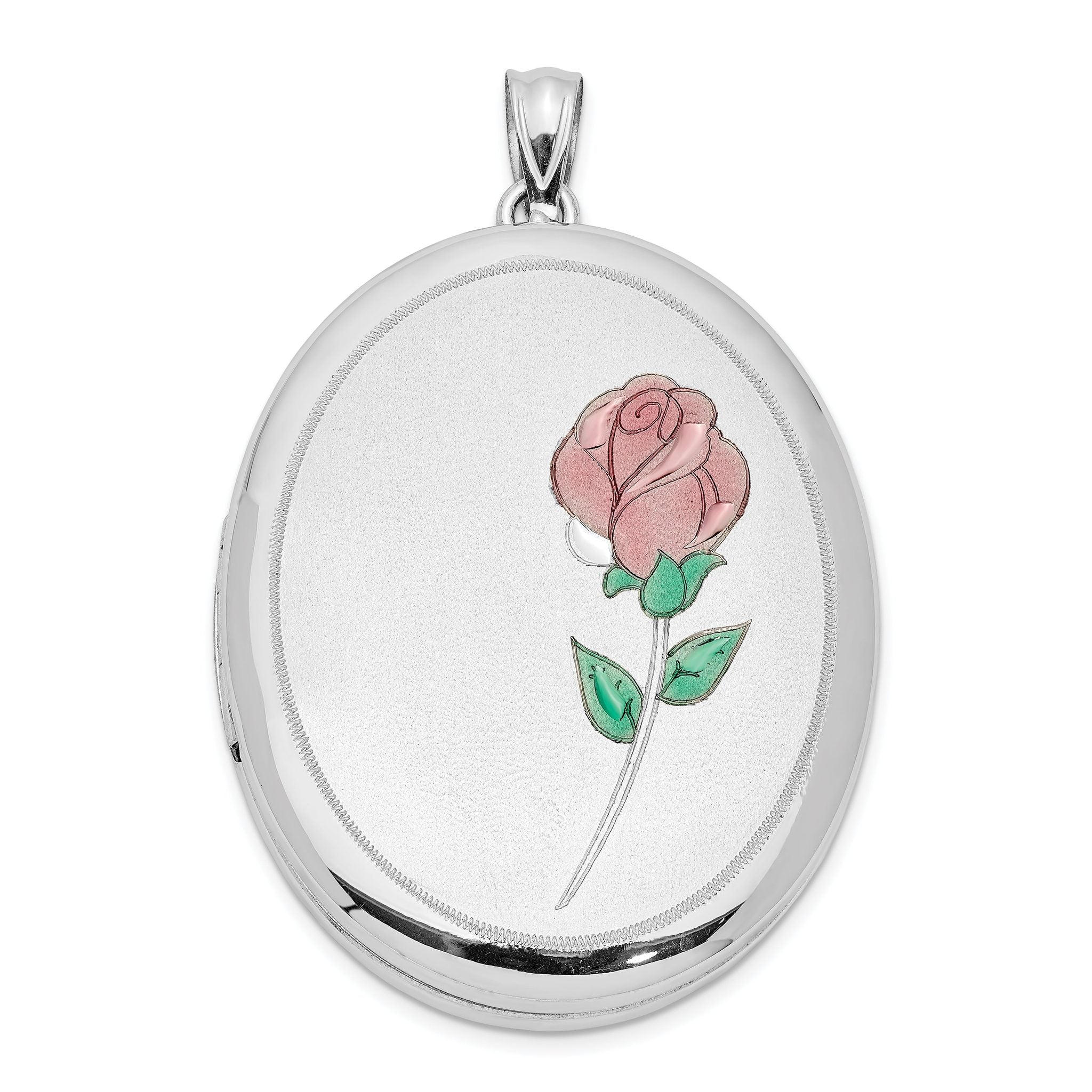Sterling Silver Rhod-plated Satin & Polished Enamel Rose 34mm Oval Locket Main image