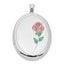 Sterling Silver Rhod-plated Satin & Polished Enamel Rose 34mm Oval Locket