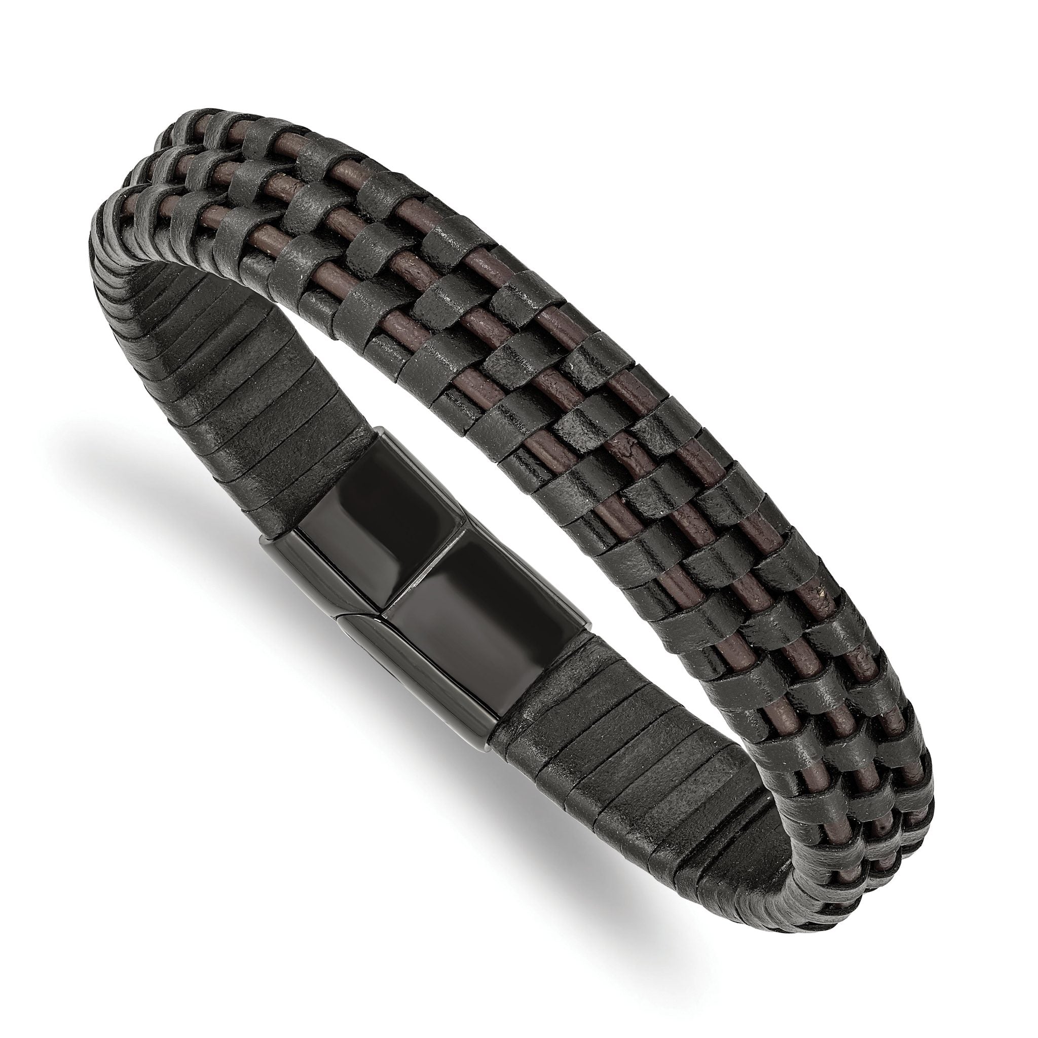 Stainless Steel Polished Black IP-plated Black and Brown Leather Bracelet for Men Main image