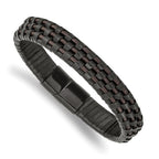 Stainless Steel Polished Black IP-plated Black and Brown Leather Bracelet for Men