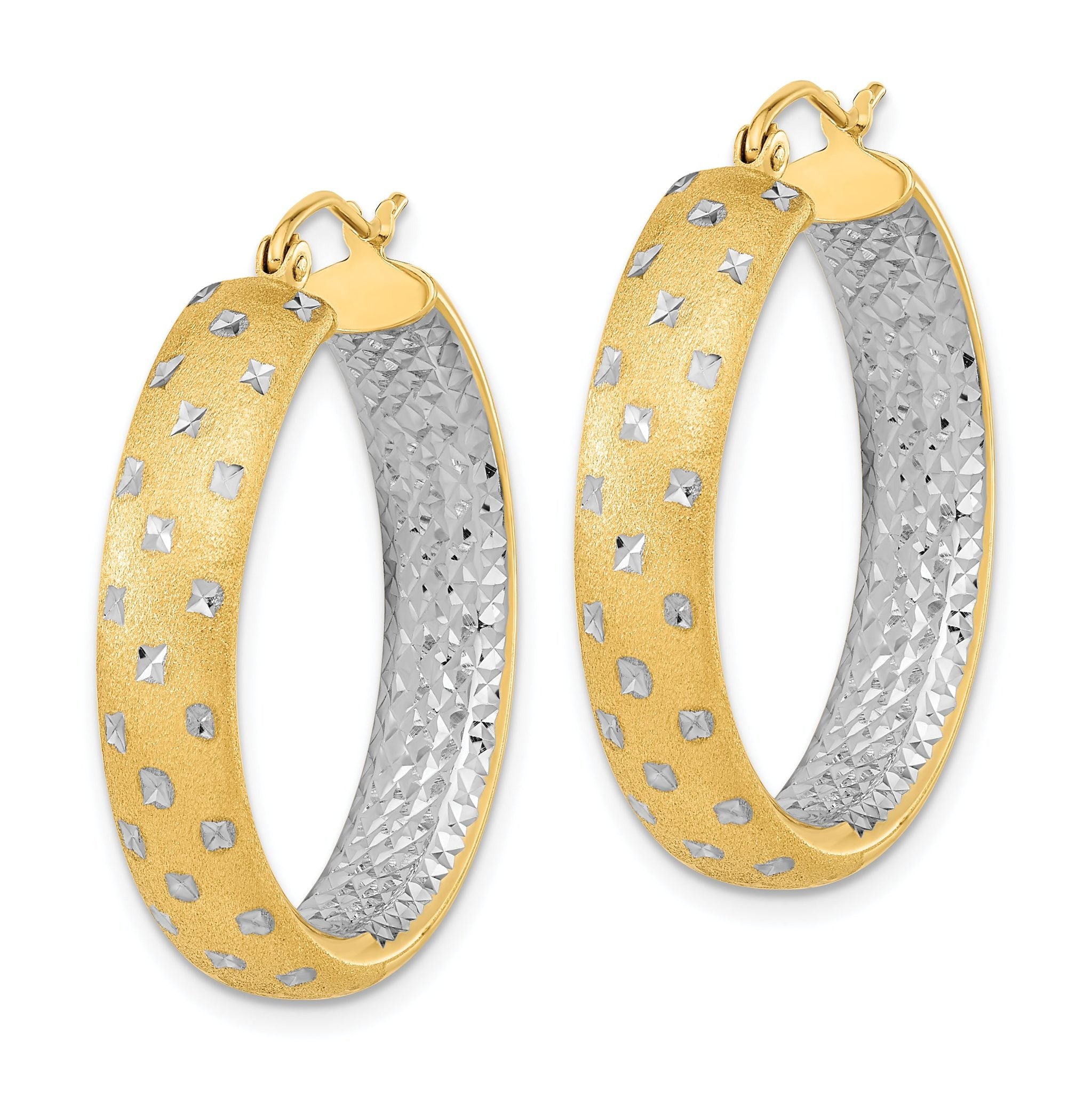 14k White Rhodium Polished Satin Diamond-cut In/Out Hoop Earrings Secondary image
