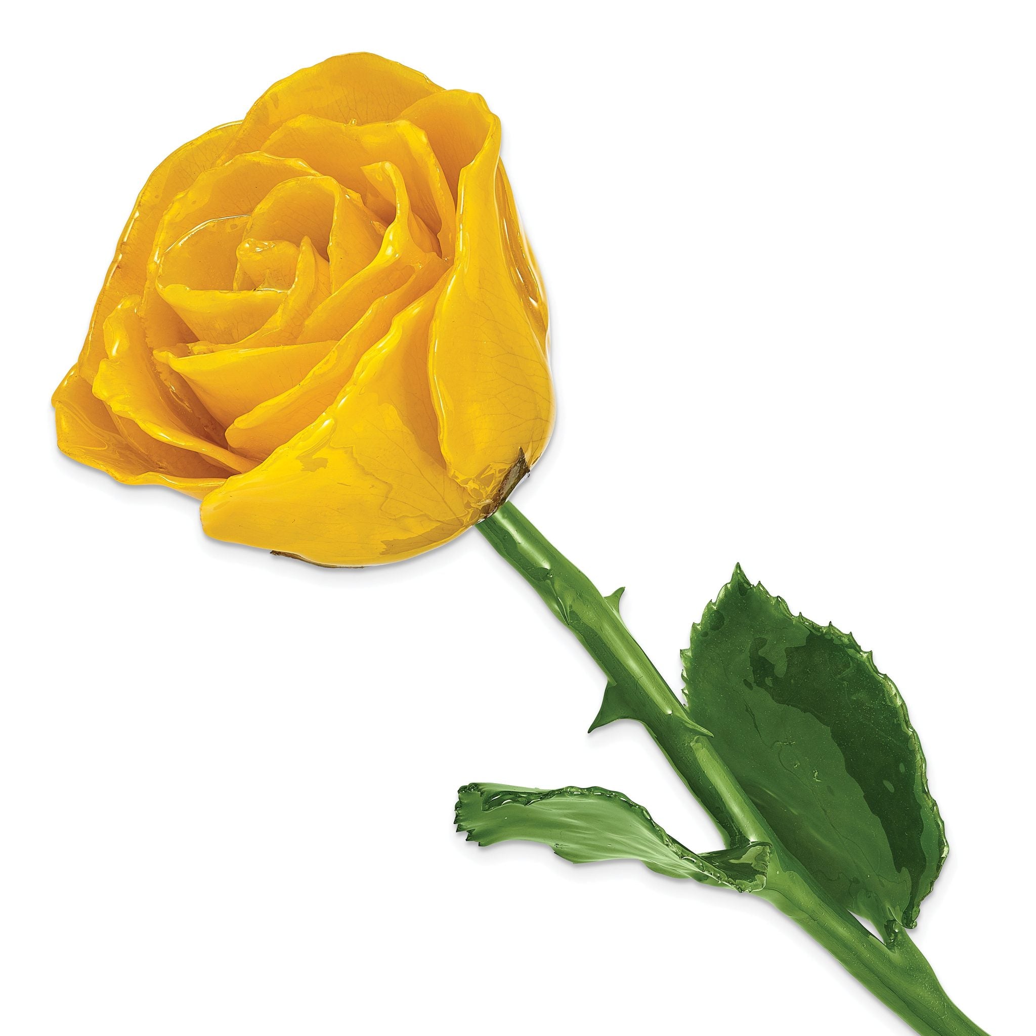 Yellow Lacquer Dipped Natural Rose with Green Leaves and Stem Main image
