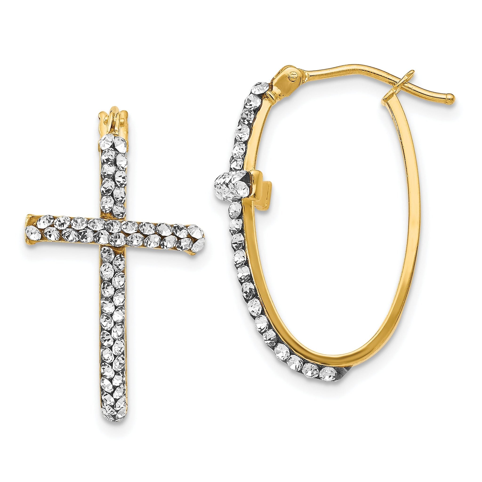 14K Gold Crystal Cross Hoop Earrings with Polished Finish