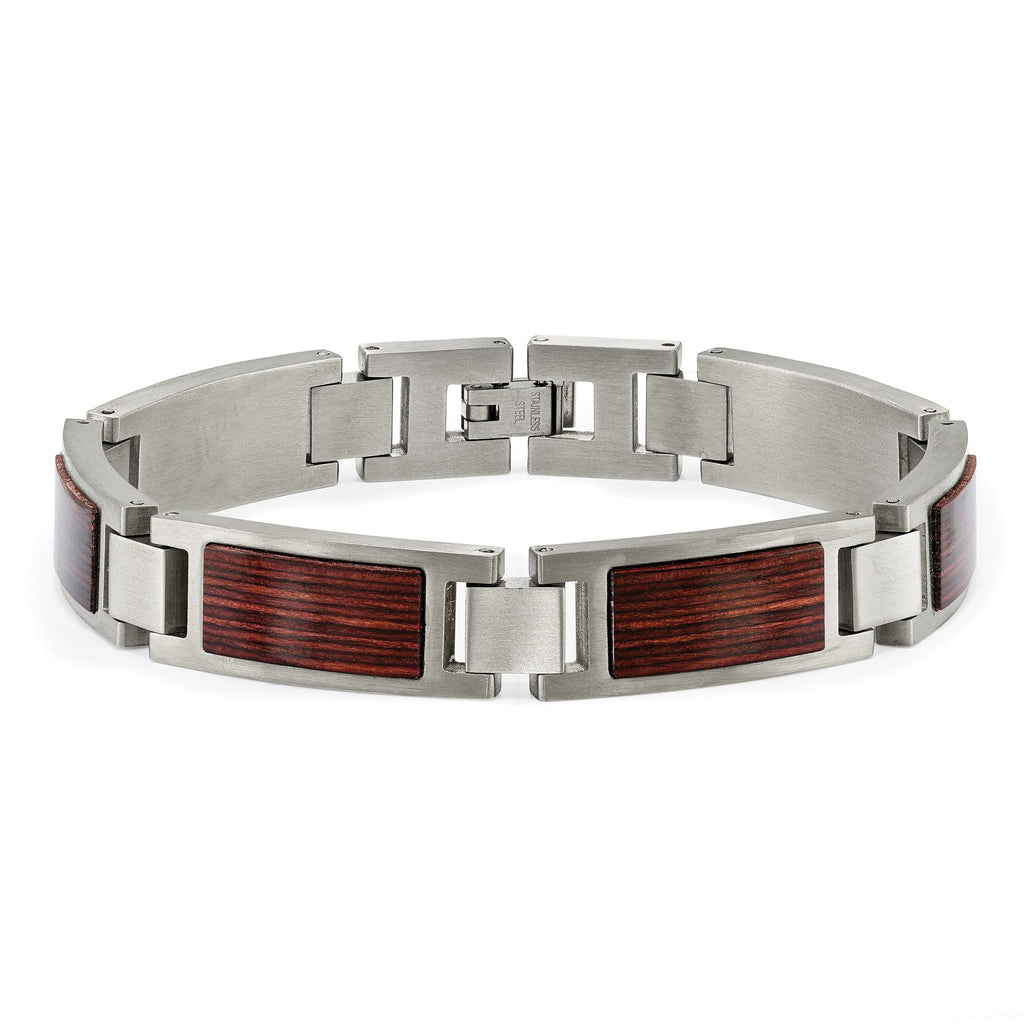 Stainless Steel Brushed with Wood Inlay Link Bracelet for Men