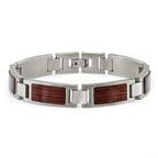 Stainless Steel Brushed with Wood Inlay Link Bracelet for Men