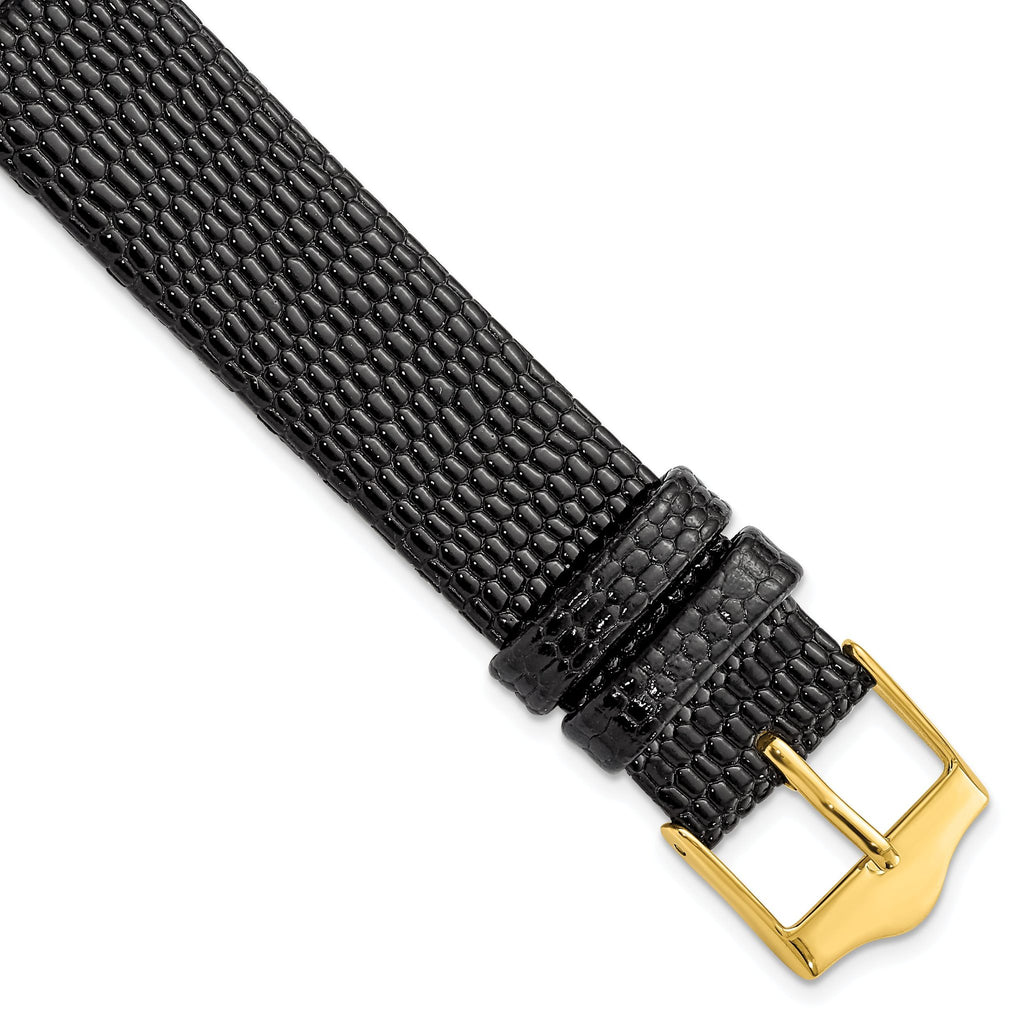 Lizard Grain Leather Watch Band in Black with Gold-Tone Buckle, 20mm