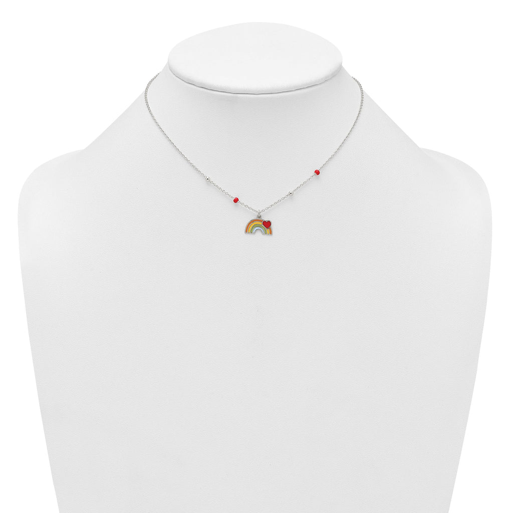 Sterling Silver Polished Beaded Enameled Heart on Rainbow Childrens 14 inch Necklace