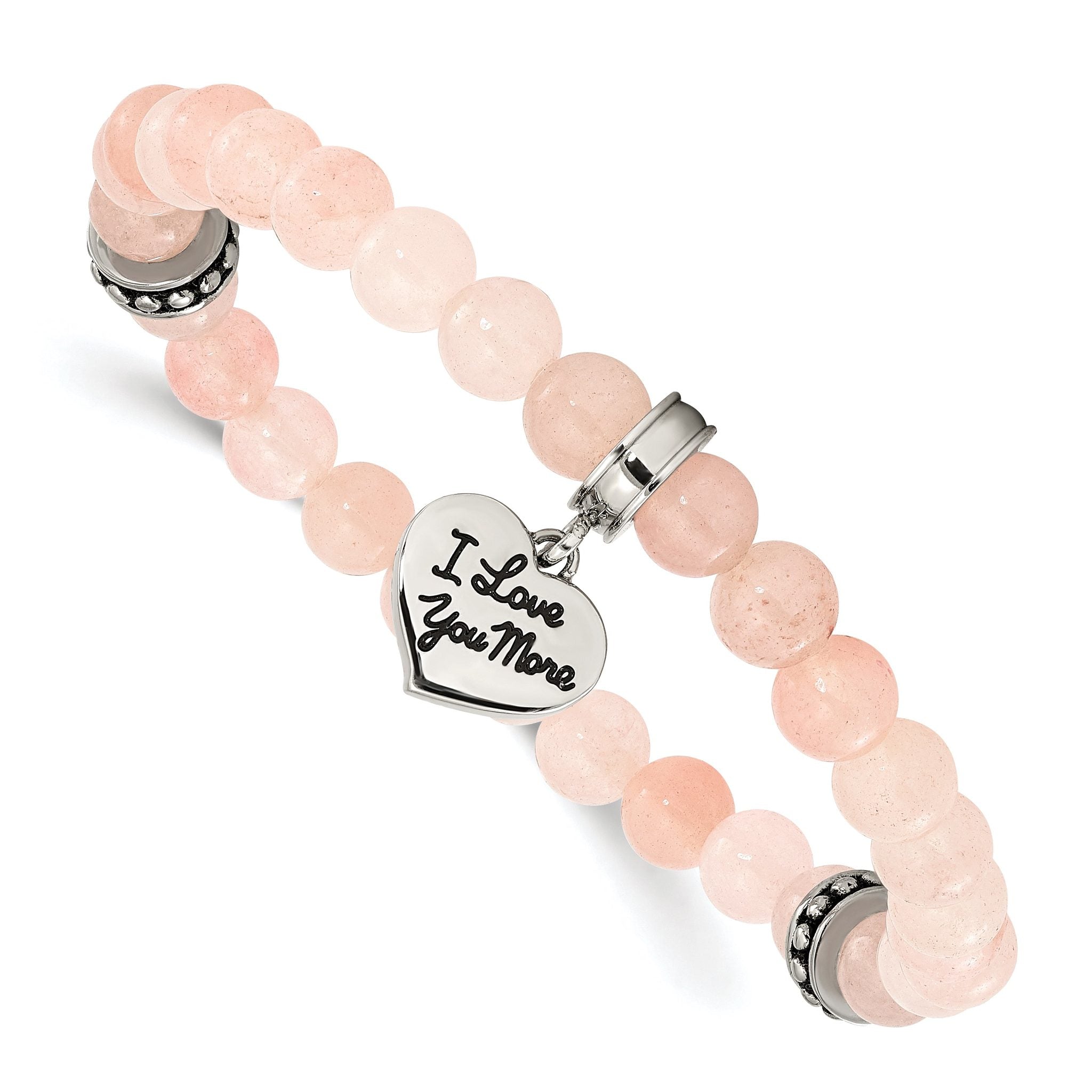 Stainless Steel Antiqued and Polished I Love You More Heart Dangle 6.5mm Pink Jade Beaded Stretch Bracelet for Women