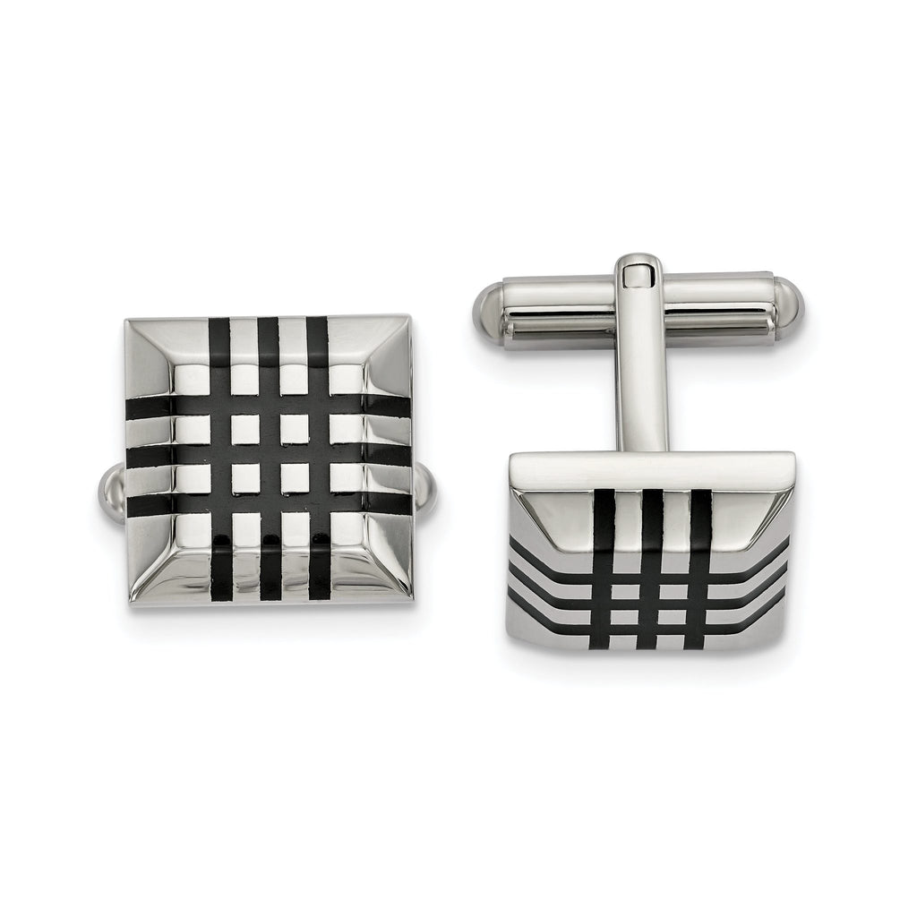 Stainless Steel Black Rubber Stripe Cuff Links