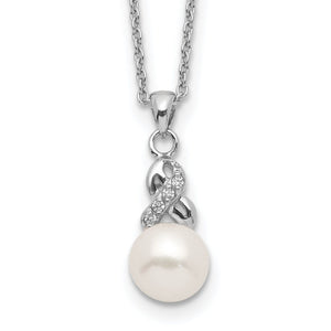 Near-Round Freshwater Pearl & Cubic Zirconia Necklace in Sterling Silver, 17 Inch - Sophia Jewelers