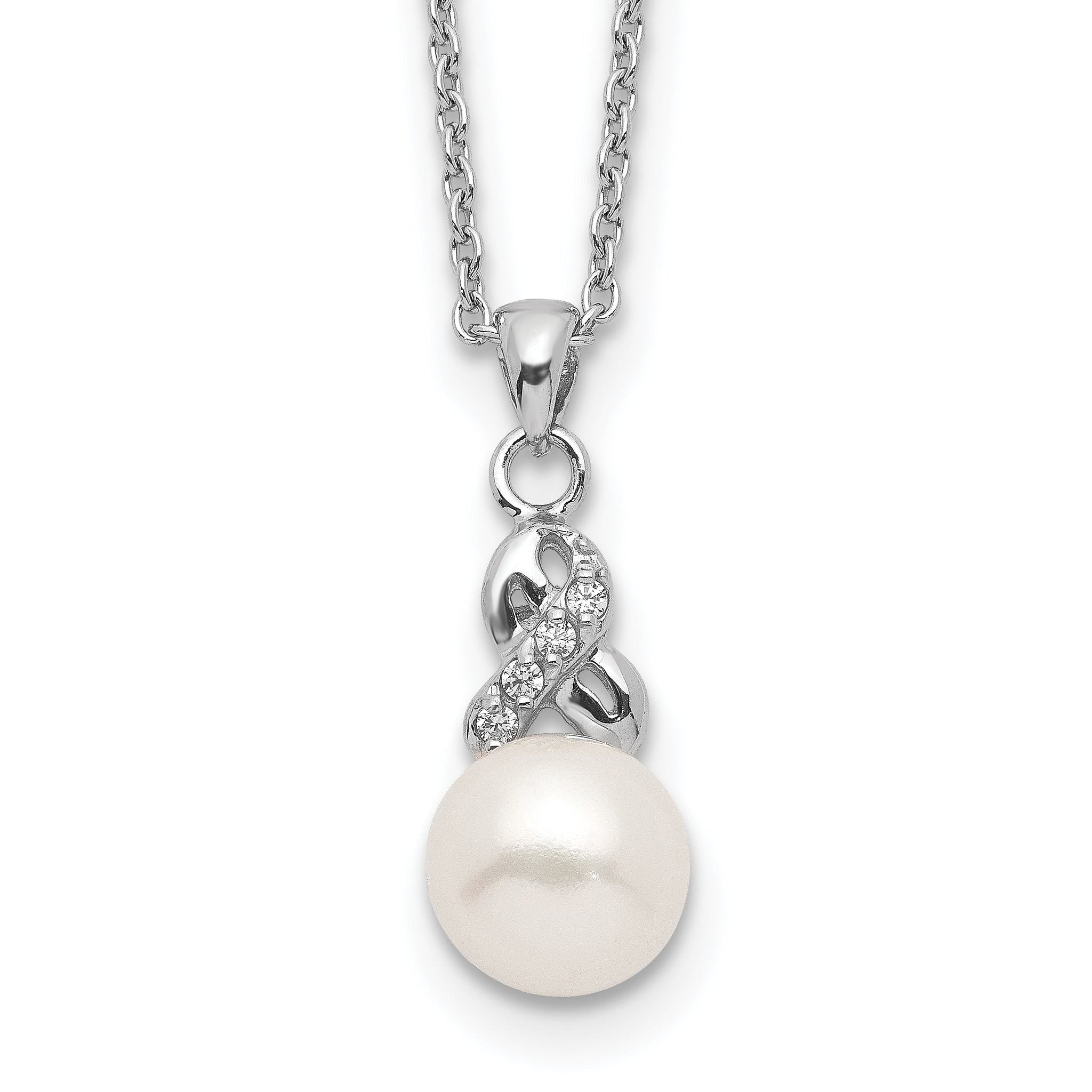 Sterling Silver Rhodium-plated 6-7mm White Near-Round Freshwater Cultured Pearl and CZ 17 inch Necklace