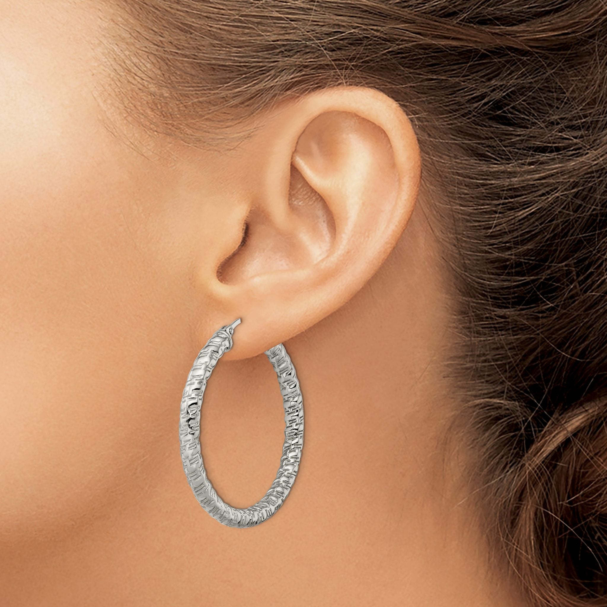 Stainless Steel Polished Textured Hoop Earrings for Women