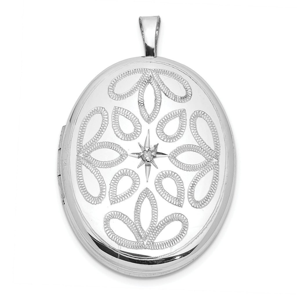 Sterling Silver Rhodium-plated Diamond Leaves 26x20mm Oval Locket